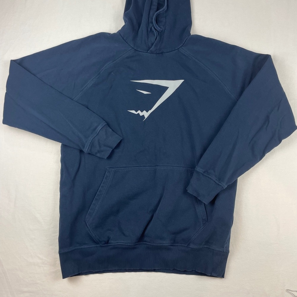 Gymshark Mens Apollo Hoodie Navy Blue Shark Logo Pullover Sweatshirt Size L